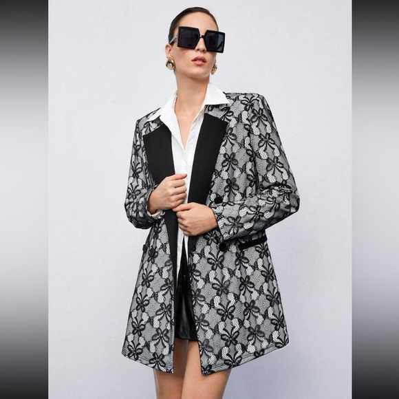 NWT New Contrast Collar Lace Blazer Dress Black White Long Sleeve Butterfly - Picture 3 of 16